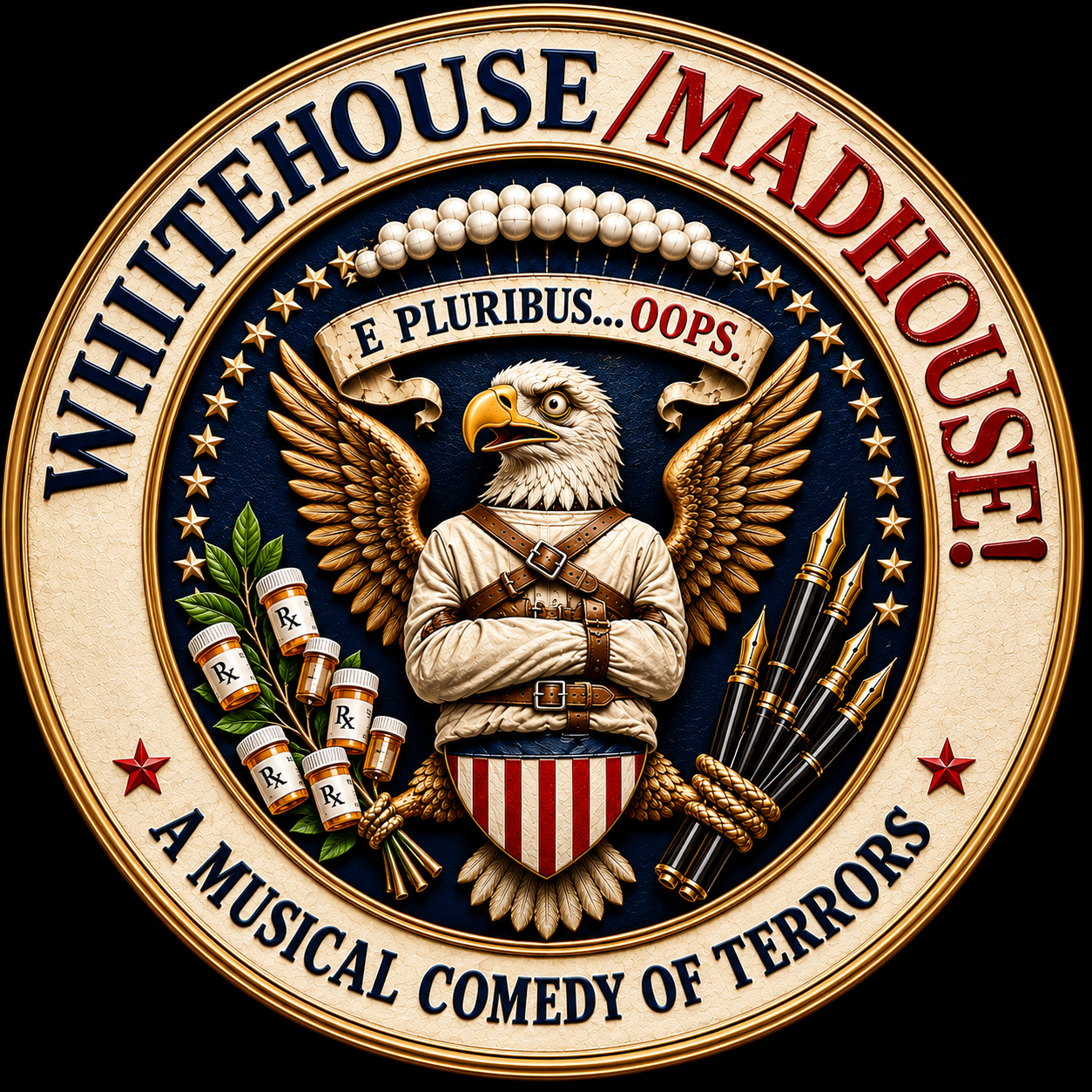 The Whitehouse/Madhouse official seal: a bald eagle in a straitjacket holding prescription bottles and fountain pens, with the motto E Pluribus... Oops. A Musical Comedy of Terrors.